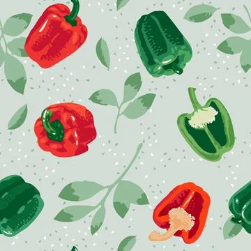 Vector seamless pattern with green and red peppers, flowers and leaves Stock Illustration