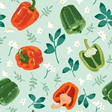Vector seamless pattern with green and red peppers, flowers and leaves Stock Illustration
