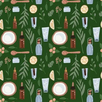 Vector seamless pattern on green backgraund. Natural cosmetic ingridients and Stock Illustration