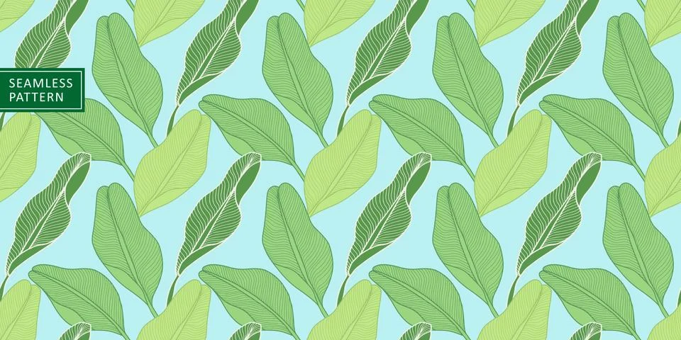 Vector seamless pattern with green banana leaves on a light blue background Stock Illustration
