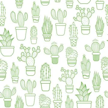 Vector seamless pattern with green cacti in pots. Stock Illustration
