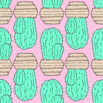 Vector seamless pattern of a green cactus in a pot on a pink background. Vintage Illustrazione stock