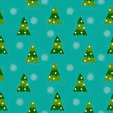 Vector Seamless pattern. Green Christmas trees and falling snowflakes Stockillustratie