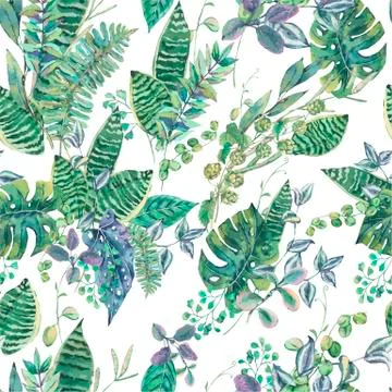 Vector seamless pattern with green exotic leaves, greenery botan Stock Illustration
