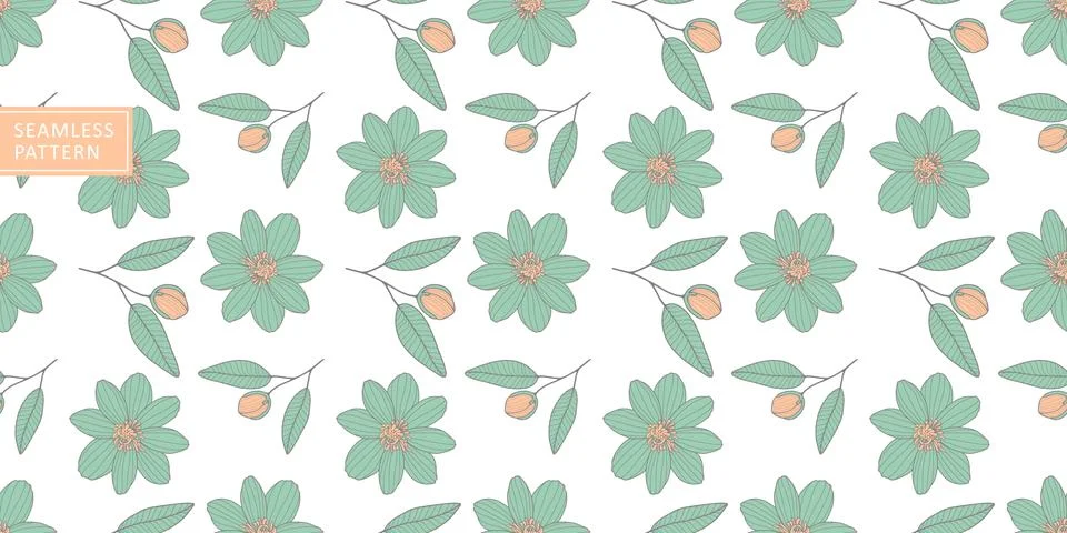 Vector seamless pattern with green flowers, buds and leaves 스톡 일러스트