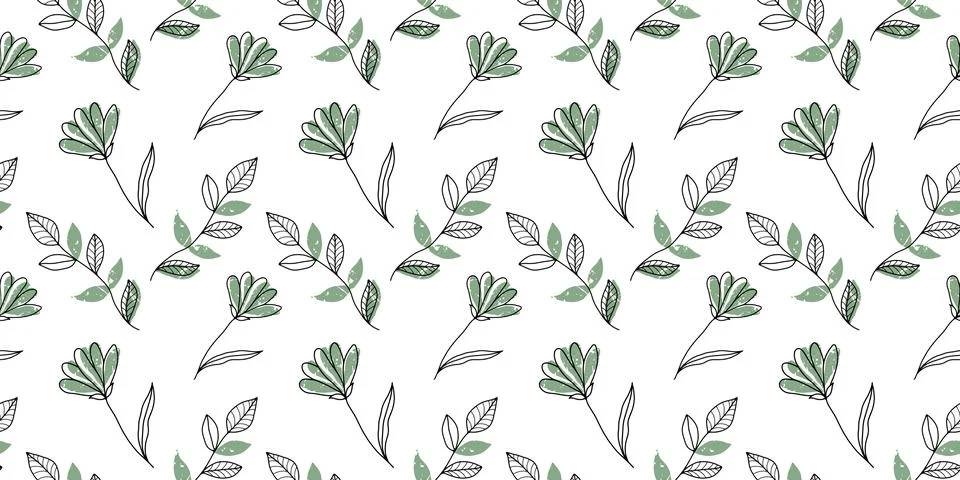 Vector seamless pattern with green flowers, branches and leaves Stock Illustration