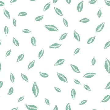 Vector seamless pattern with green hand drawn simple leaves on white backgrou 스톡 일러스트
