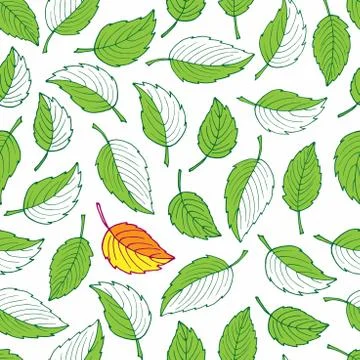 Vector seamless pattern with Green leaves and one red leaf. early autumn. Summer Illustrazione stock