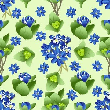 Vector seamless pattern with green leaves and blue flowers Stock Illustration