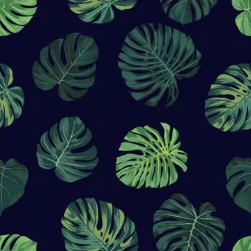 Vector seamless pattern with green monstera palm leaves on dark background Illustrazione stock