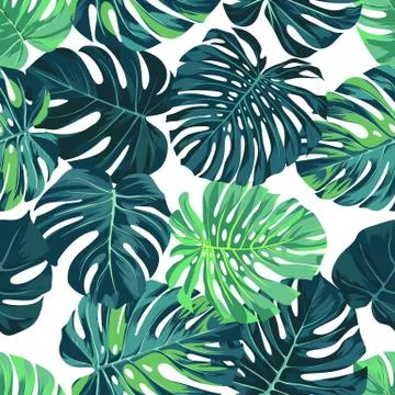 Vector seamless pattern with green monstera palm leaves on dark background Illustrazione stock
