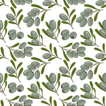 Vector seamless pattern with green olive tree branches on white background. Hand Stock Illustration