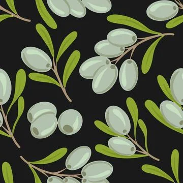 Vector seamless pattern with green olive tree branches on black background. Hand Stock Illustration