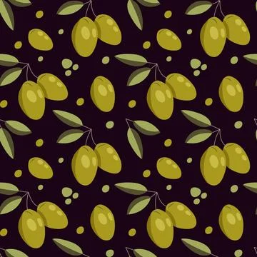Vector seamless pattern with green olives on dark. Background design for ol.. 스톡 일러스트