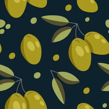 Vector seamless pattern with green olives on dark. Background design for ol.. Stock Illustration