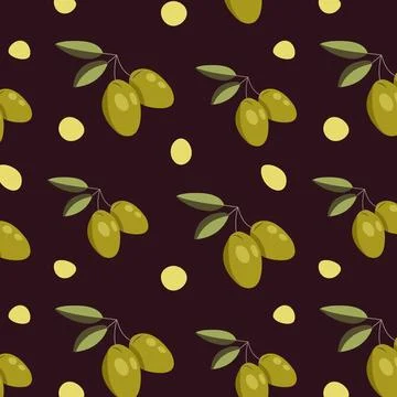 Vector seamless pattern with green olives on dark. Background design for oliv Stock Illustration