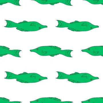 Vector seamless pattern of green sea fish Gomphosus varius swimming in different Stock Illustration