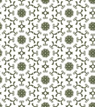 Vector seamless pattern of green swirls and stylized flowers with small bla.. Stock Illustration