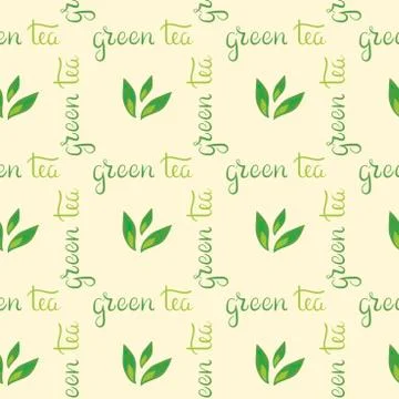 Vector Seamless pattern. Green tea, lettering. Hand drawn leaf . Stylish back 库存插图