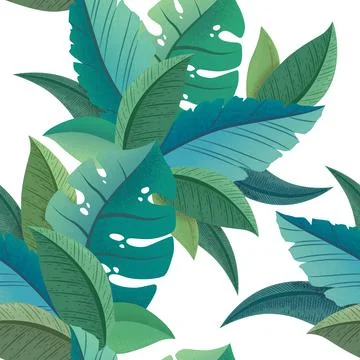Vector seamless pattern with green trendy exotic palm and monstera leaves iso Stock Illustration
