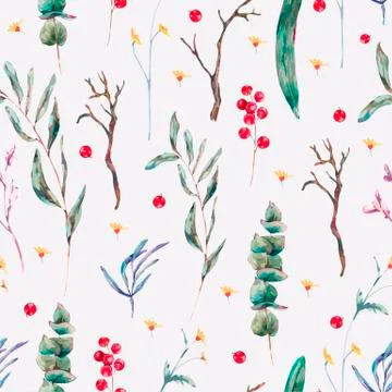 Vector seamless pattern of green tropical leaves, berries Stock Illustration