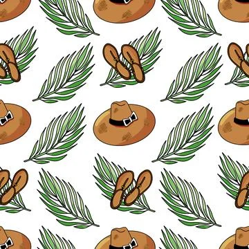 Vector seamless pattern with green tropical leaves tree, summer hats and women Illustrazione stock