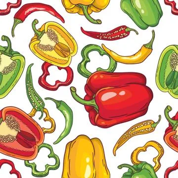Vector seamless pattern with green, yellow and red peppers Stock Illustration
