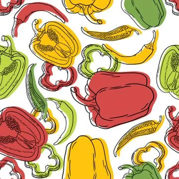 Vector seamless pattern with green, yellow and red peppers Stock Illustration