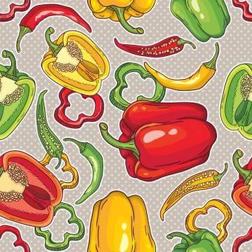 Vector seamless pattern with green, yellow and red peppers Stock Illustration