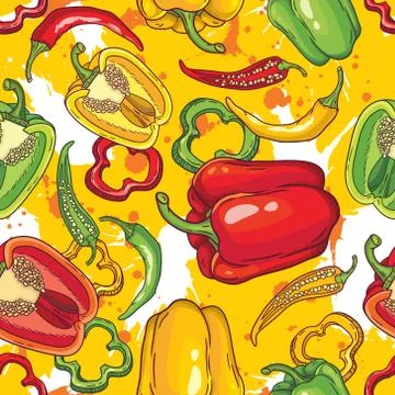 Vector seamless pattern with green, yellow and red peppers Stock Illustration