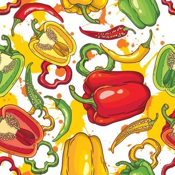 Vector seamless pattern with green, yellow and red peppers Stock Illustration