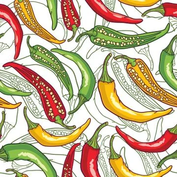 Vector seamless pattern with green, yellow and red peppers Stock Illustration