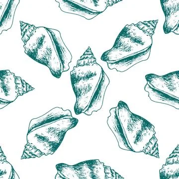 Vector seamless pattern of greenish-colored seashell outline on a white Stock Illustration