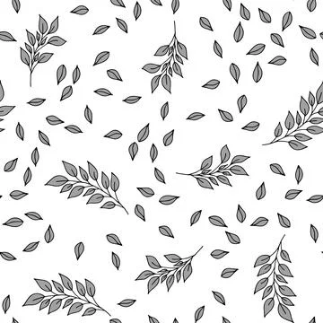 Vector seamless pattern with grey hand drawn branch and leaves on white backg Stock Illustration