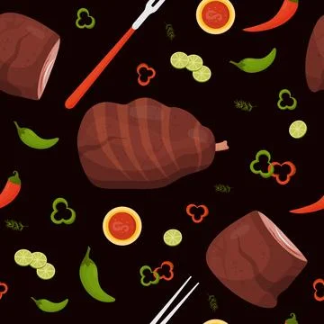 Vector seamless pattern with grilled fried meat. Piece of beef and fried pork Stock Illustration