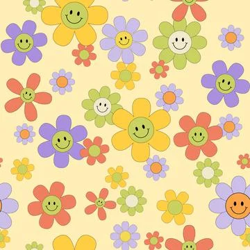 Vector Seamless pattern with Groovy retro flowers. Hippie endless background in Stock Illustration