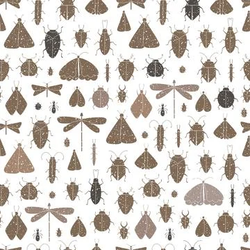 Vector seamless pattern with grunge insects illustrations. Stock Illustration