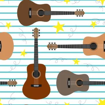 Vector seamless pattern with guitars and stars. Musical background with guitars Stock Illustration
