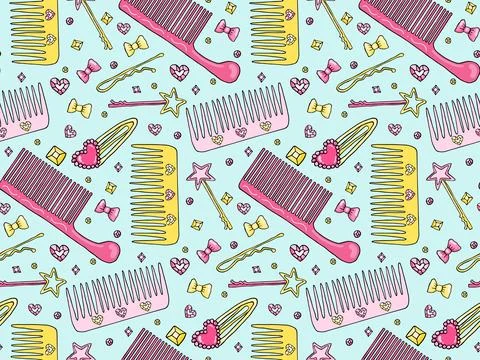Vector seamless pattern with hairbrush and clip, hair salon texture, cute head Stock Illustration