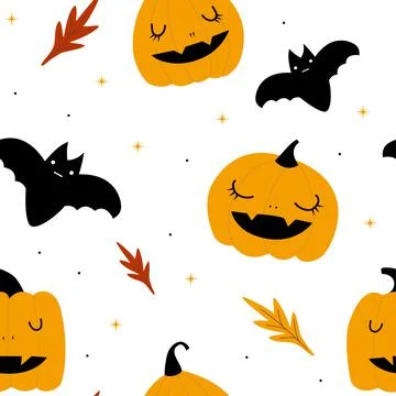 Vector seamless pattern for Halloween cute. Pumpkin, bat, stars, leaves on Ha Stock-Illustration