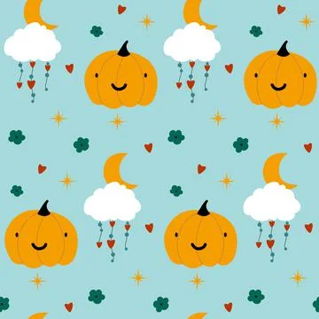 Vector seamless pattern for Halloween cute. Pumpkin, cloud, flower and moon o 스톡 일러스트