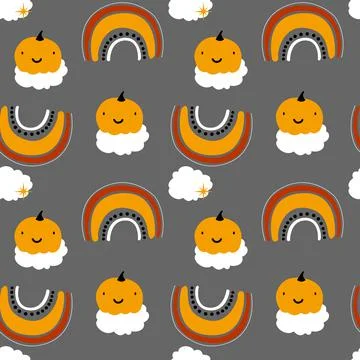 Vector seamless pattern for Halloween cute. Pumpkin, rainbow, cloud and moon  Stock Illustration