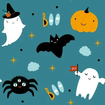 Vector seamless pattern for Halloween cute. Ghost, pumpkin, spider, boo on Ha Illustrazione stock