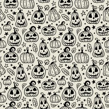 Vector seamless pattern with Halloween doodle pumpkin on light background. Stock Illustration