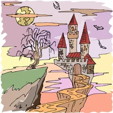 Vector seamless pattern for Halloween. Dracula s castle, bat and other items on Stock Illustration