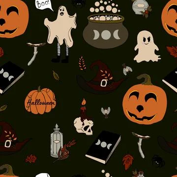 Vector seamless pattern halloween eps . Doodle potion and wiccan symbols, pum Illustrazione stock