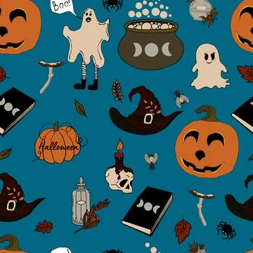 Vector seamless pattern halloween eps . Doodle potion and wiccan symbols, pum Stock Illustration