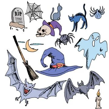 Vector seamless pattern for Halloween. ghost, bat, skull, brooms, spiders Stock Illustration