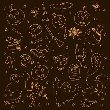 Vector seamless pattern for Halloween. Pumpkin, ghost, bat, candy, bone, skull Stock Illustration