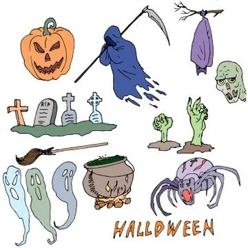 Vector seamless pattern for Halloween. Pumpkin, ghost, skull, brooms, spiders Stock Illustration